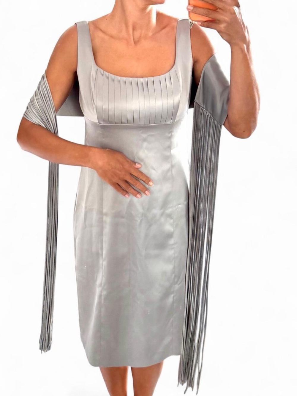 Shoulder Silver Satin Pleated Neckline Cocktail Dress with Fringe Wrap